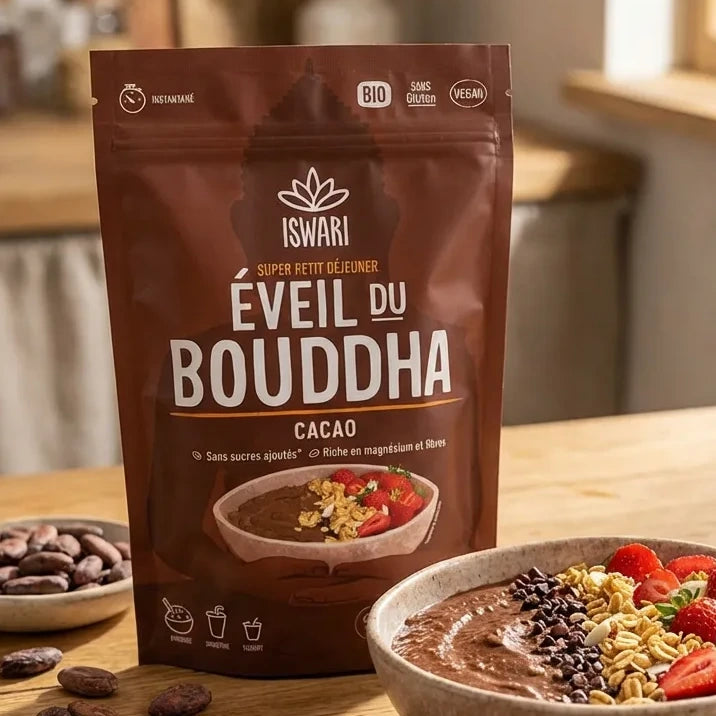 Eveil du Bouddha Cacao 360g Iswari avec bol de porridge au chocolat et fruits frais