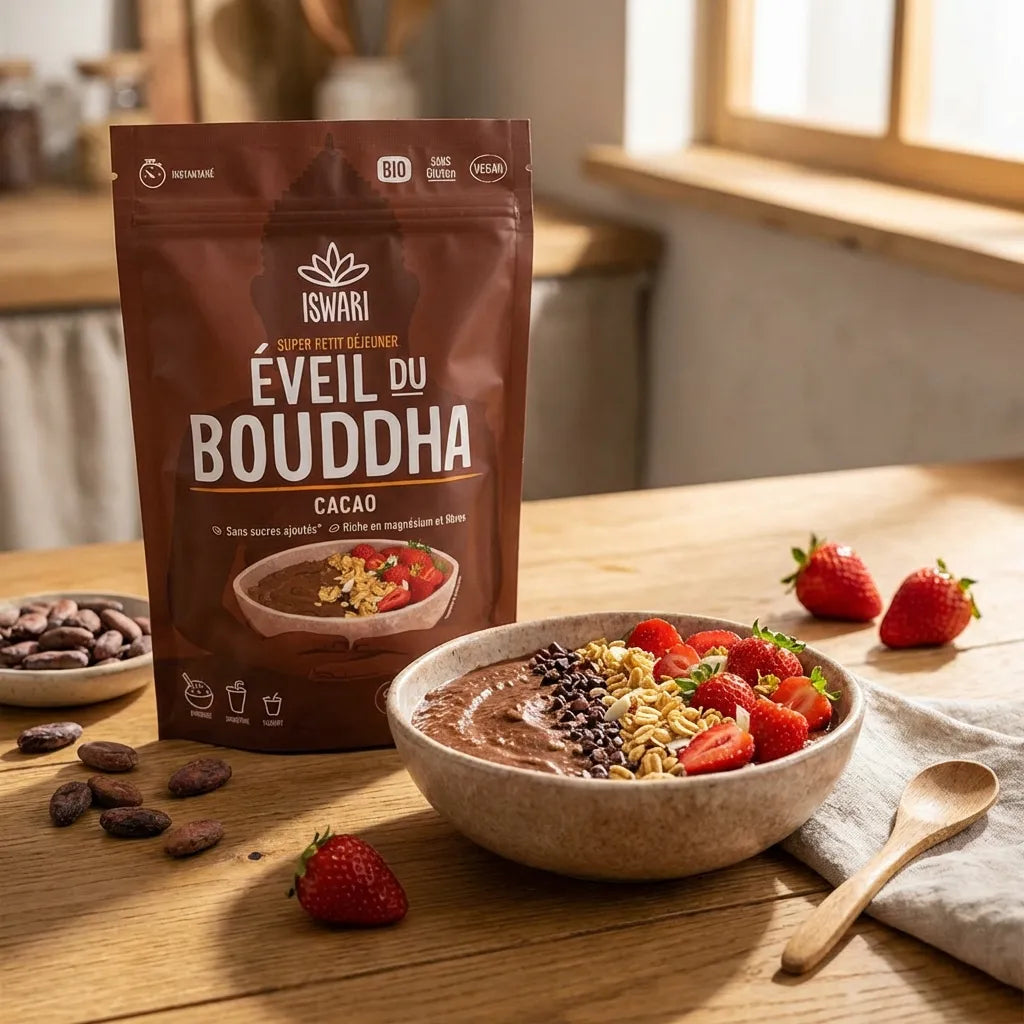 Eveil du Bouddha Cacao 360g Iswari avec bol de porridge au chocolat et fruits frais