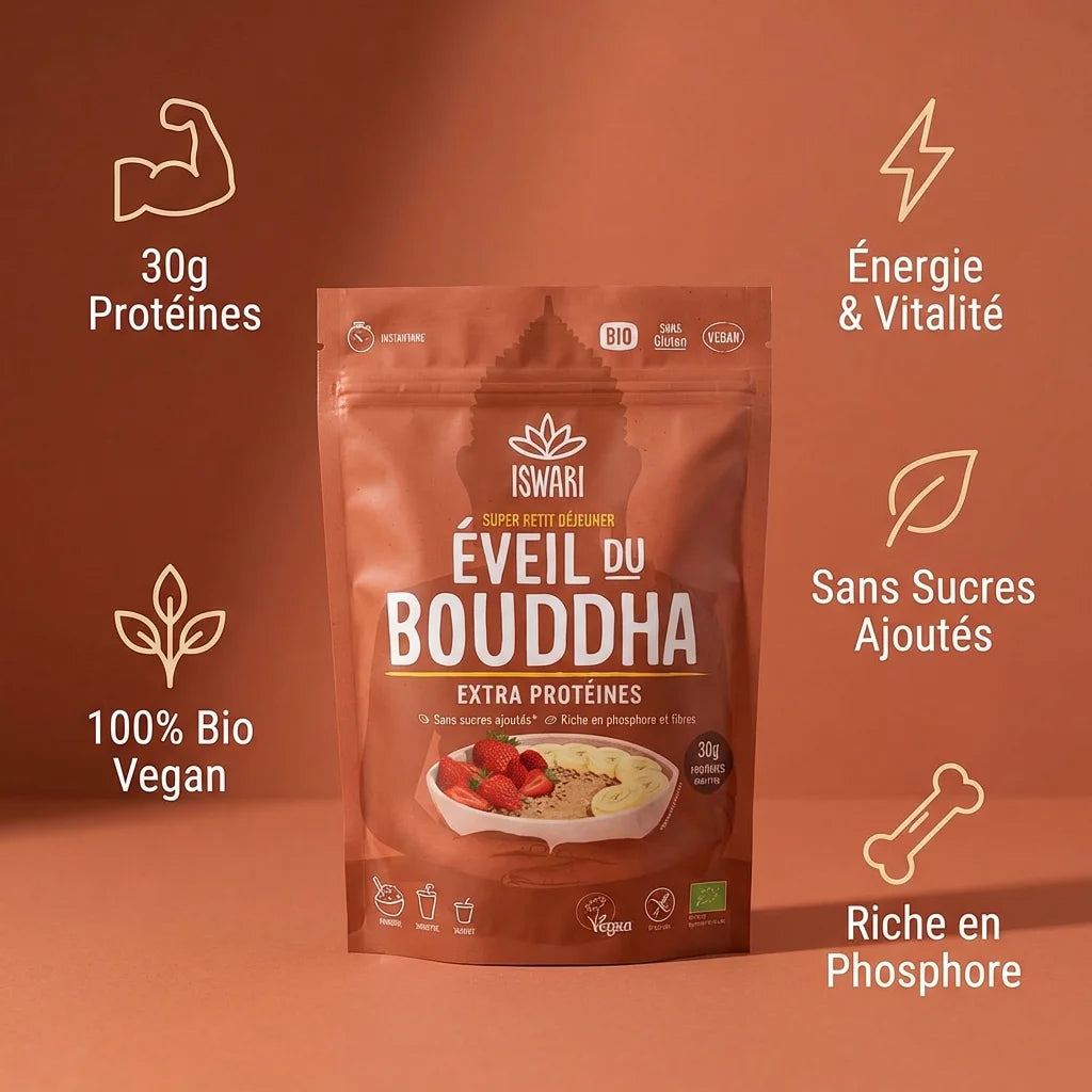 Eveil du Bouddha Cachuète Banane Iswari 360g avec bénéfices nutritionnels : protéines, énergie, bio vegan
