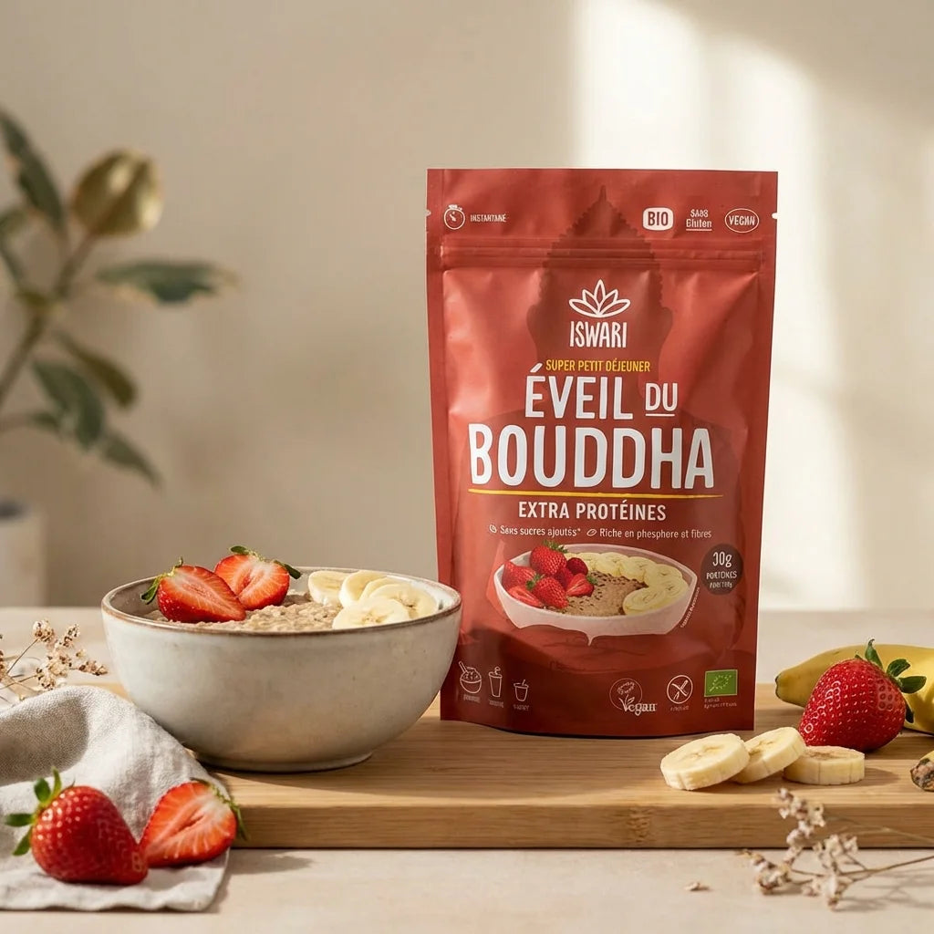 Eveil du Bouddha Cachuète Banane Iswari 360g avec fruits frais et porridge préparé