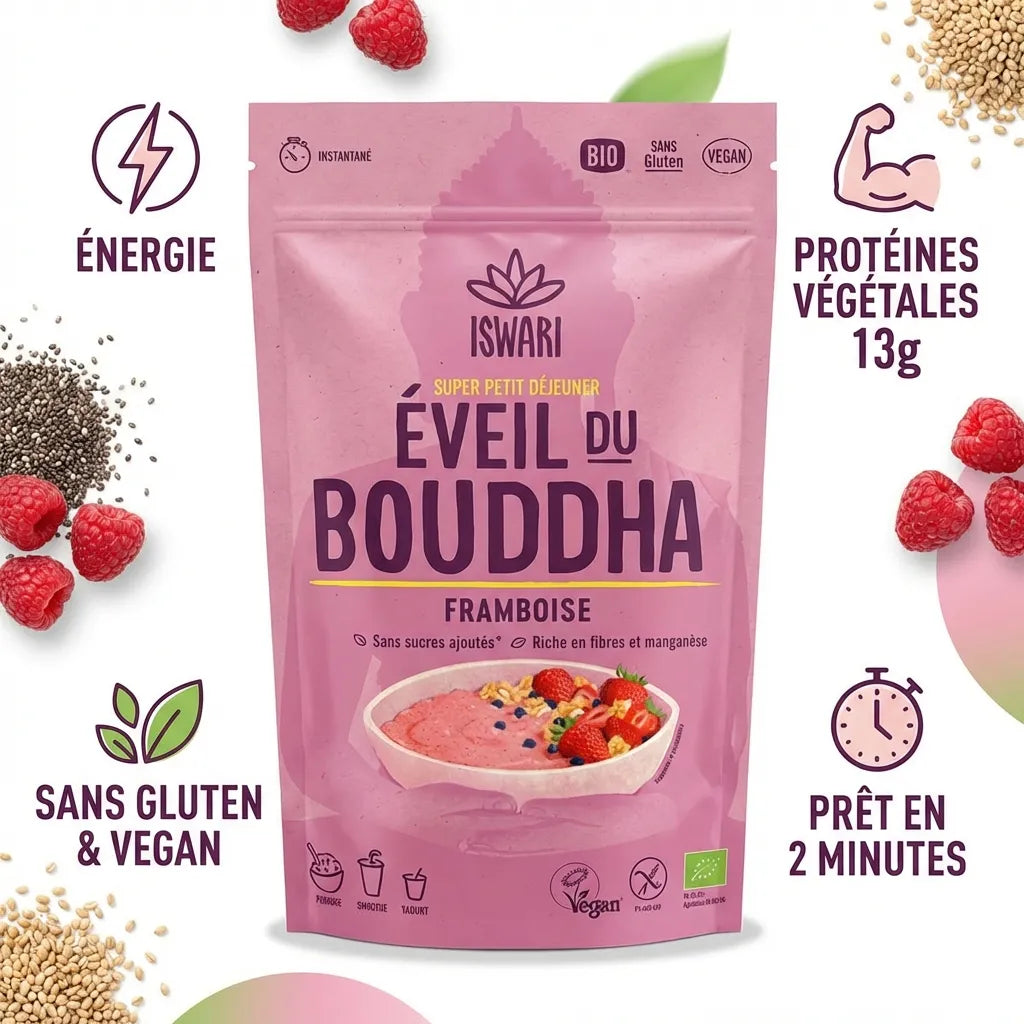 Eveil du Bouddha Framboise 360g Iswari - Protéines végétales vegan sans gluten prêt en 2 minutes