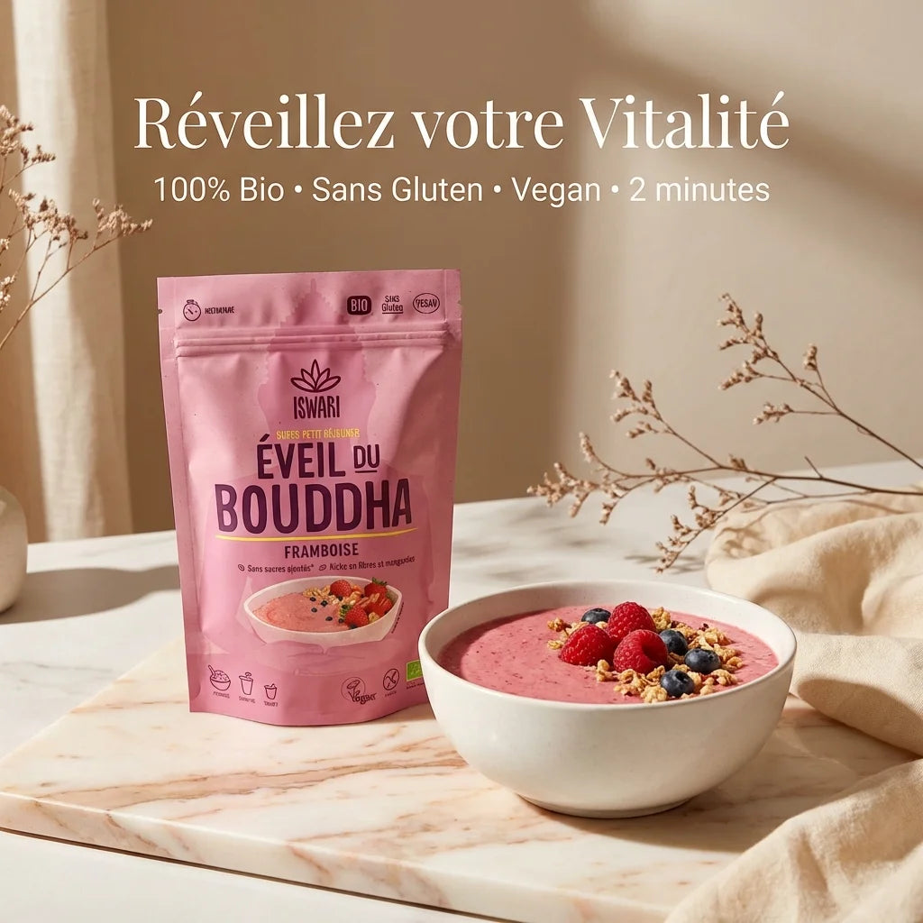 Eveil du Bouddha Framboise Iswari porridge bio sans gluten vegan avec framboises