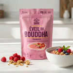 Eveil du Bouddha Framboise Iswari 360g avec framboises fraiches et bol de porridge
