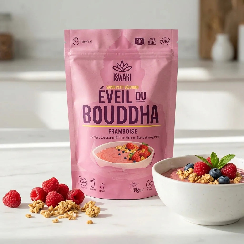 Eveil du Bouddha Framboise Iswari 360g avec framboises fraiches et bol de porridge