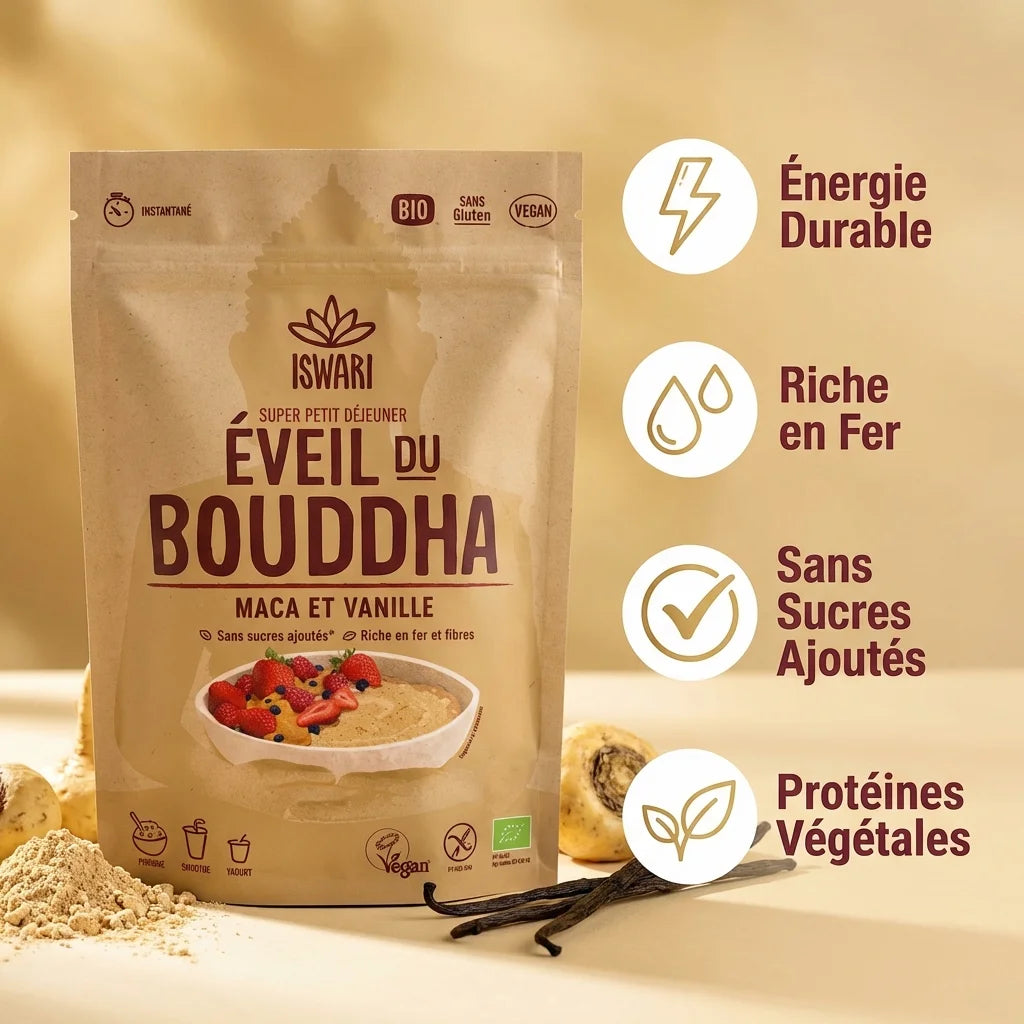 Eveil du Bouddha Maca Vanille 360g Iswari - Poudre énergétique protéinée sans sucre ajouté