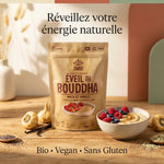 Eveil du Bouddha Maca Vanille Iswari bio vegan avec bol porridge et superaliments