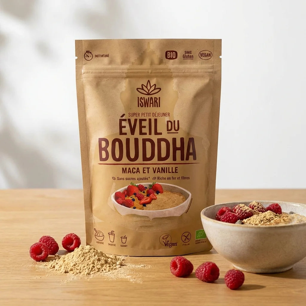 Eveil du Bouddha Maca Vanille 360g Iswari - Porridge bio sur table en bois
