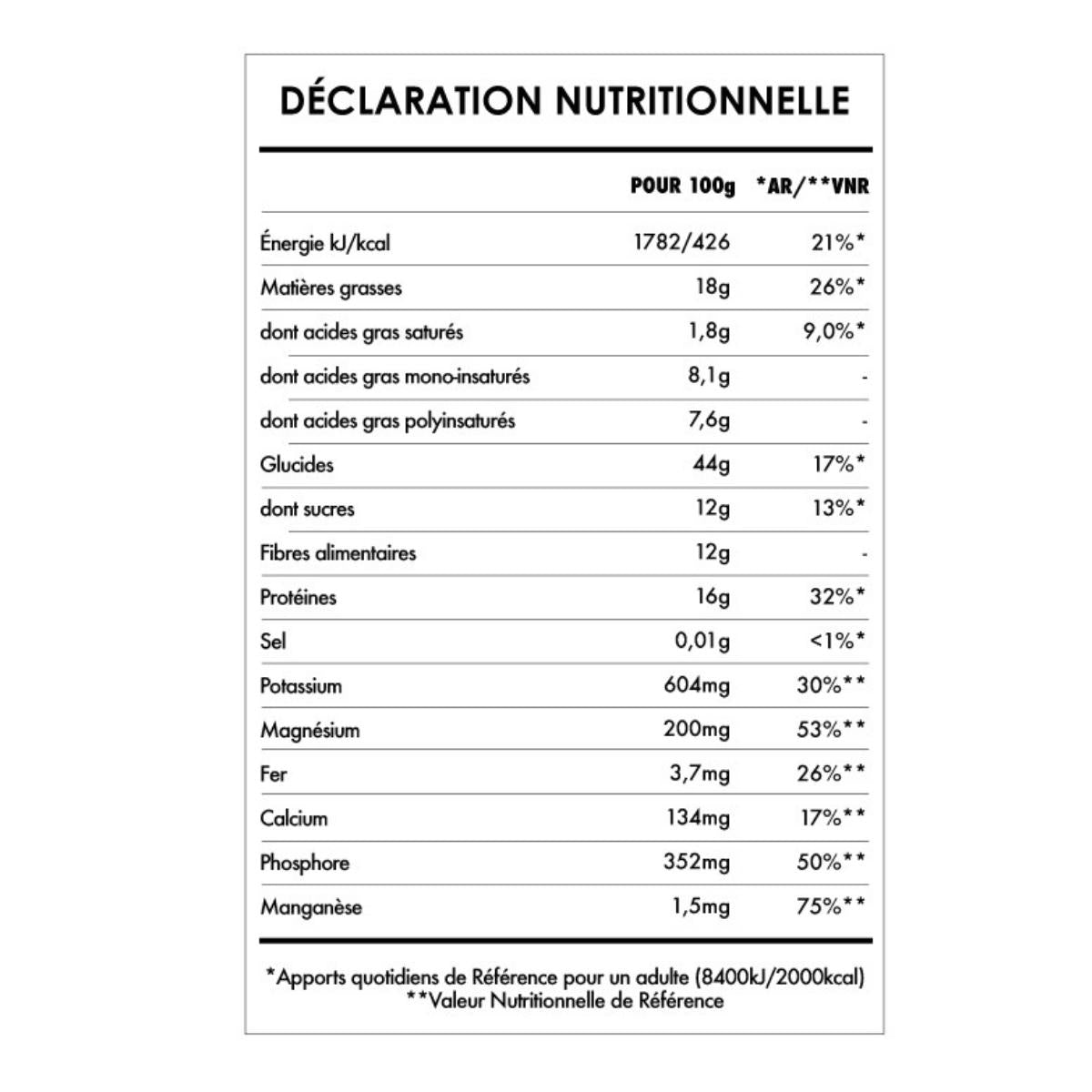 Les valeurs nutritionnelles de eveil de bouddha maca et vanille.