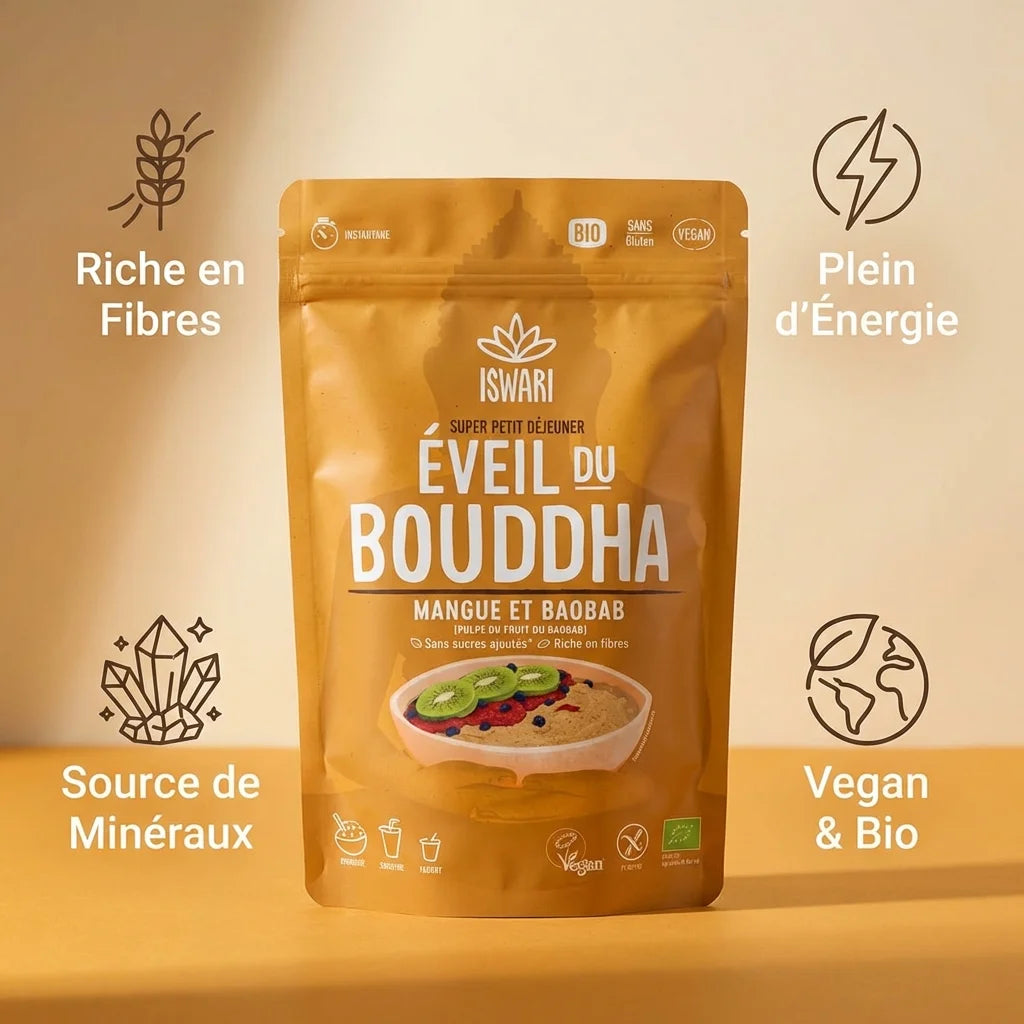 Eveil du Bouddha Mangue Baobab Iswari 360g avec bénéfices nutritionnels, vegan bio et riche en fibres