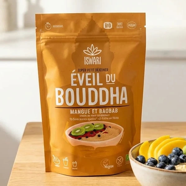 Eveil du Bouddha Mangue Baobab Iswari porridge instantané dans bol avec fruits frais