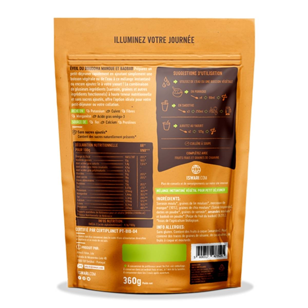 Un sachet de 360g d'eveil du buddha mangue et baobab de dos.
