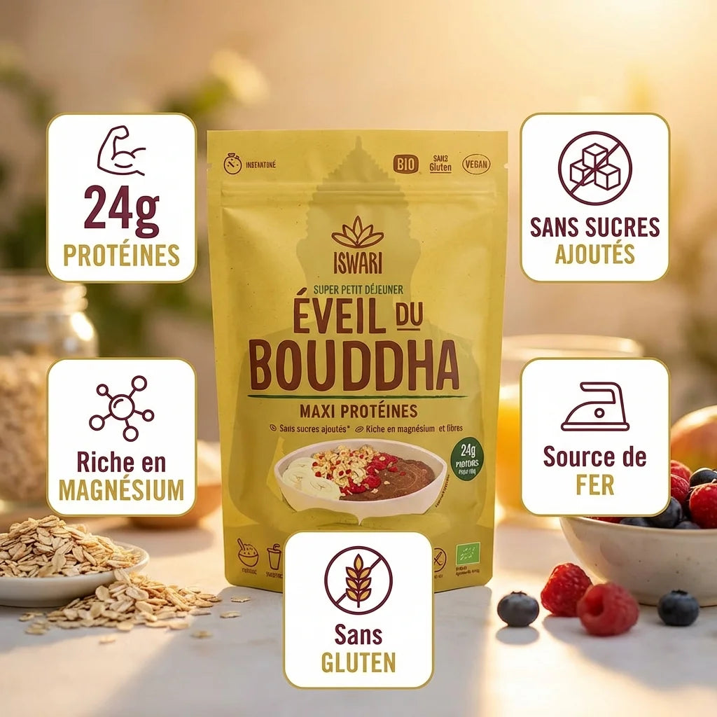 Eveil du Bouddha Maxi Protéinés 360g Iswari avec caractéristiques : 24g protéines, sans gluten