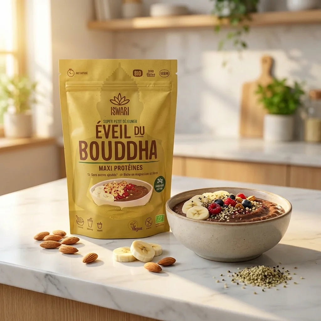 Éveil du Bouddha Maxi Protéinés 360g Iswari avec bol petit-déjeuner et fruits secs