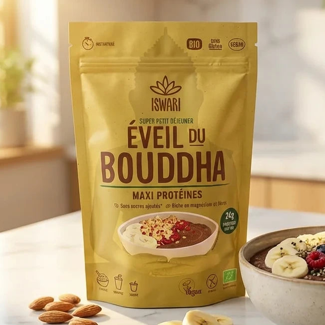 Éveil du Bouddha Maxi Protéinés 360g Iswari avec bol petit-déjeuner et fruits secs