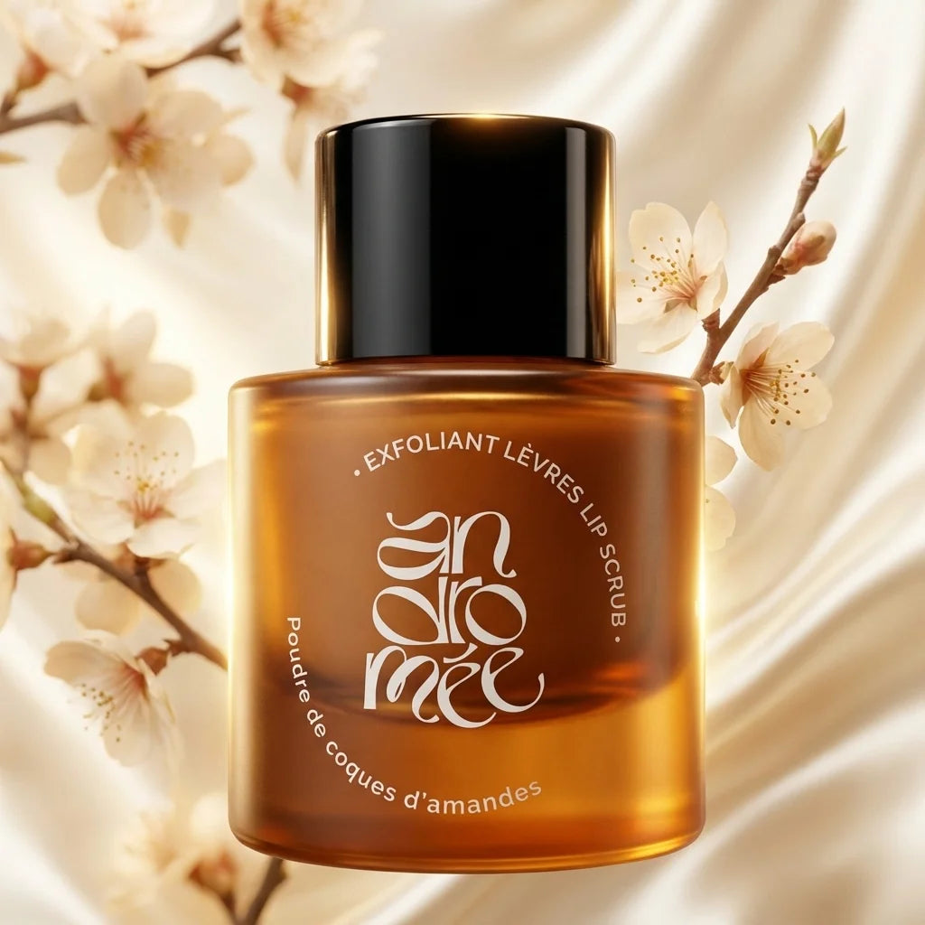 Exfoliant lèvres Andromée poudre coques d'amandes flacon verre ambré