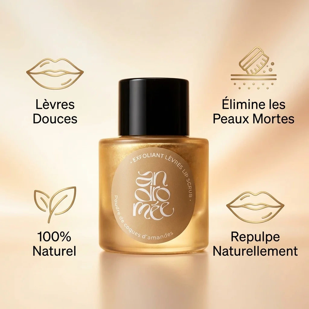 Exfoliant lèvres poudre coques d'amandes Andromée avec icônes bénéfices naturels sur fond doré