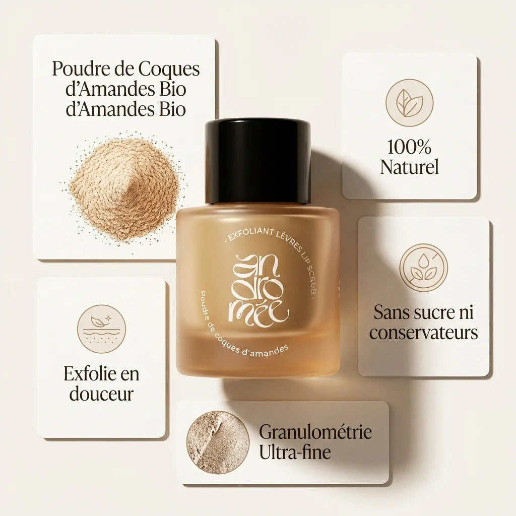 Exfoliant lèvres Andromée poudre coques amandes bio 100% naturel sans conservateurs