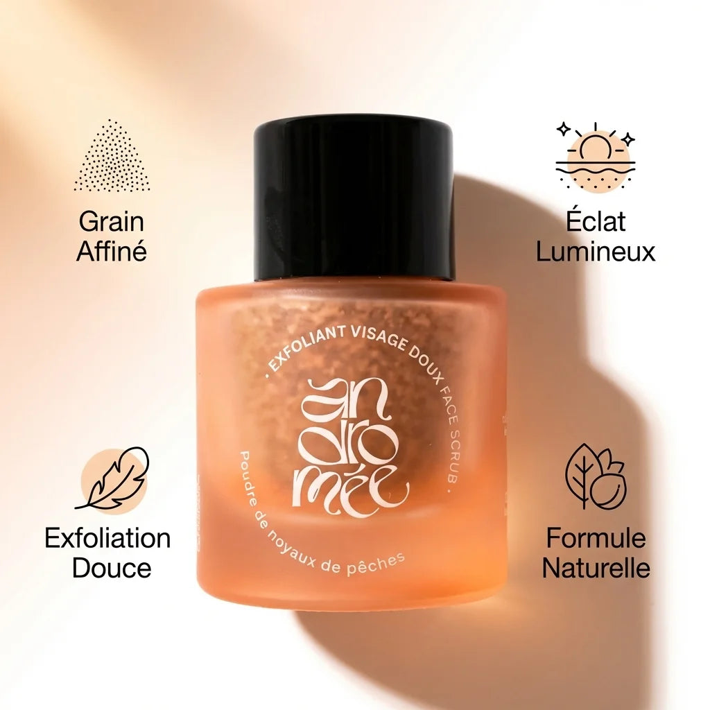 Exfoliant visage doux Andromée aux noyaux de pêches avec infographies des bénéfits