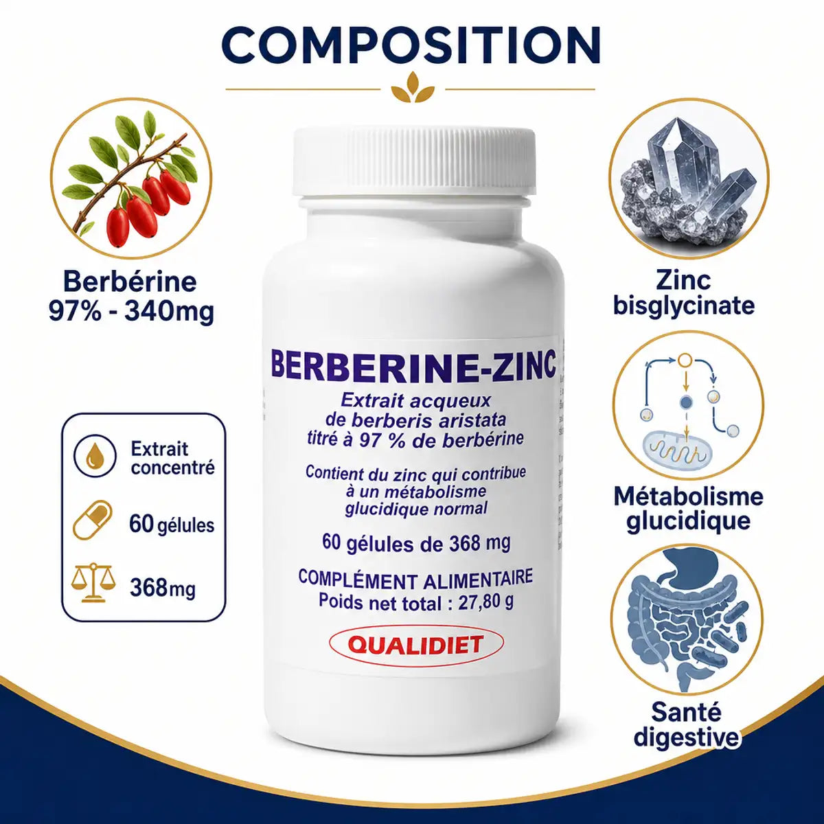 Berberis Aristata et Zinc 60 gélules Qualidiet - Flacon avec composition et bénéfices santé digestive