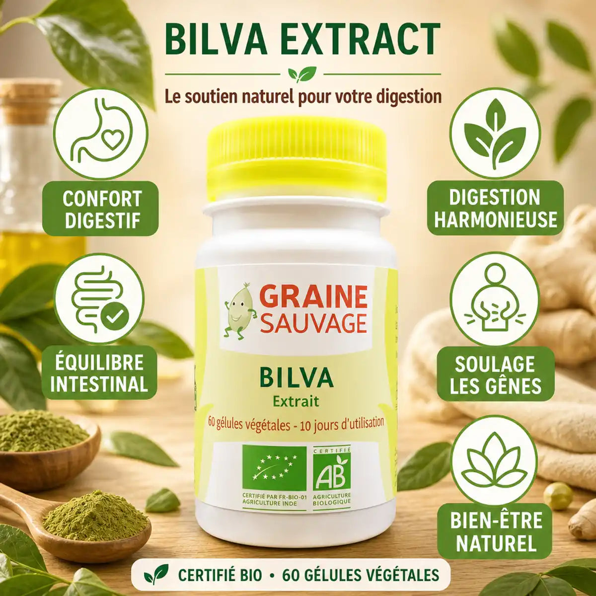 Extrait de Bilva Bio 60 gélules Graine Sauvage avec bénéfices digestifs et bien-être naturel