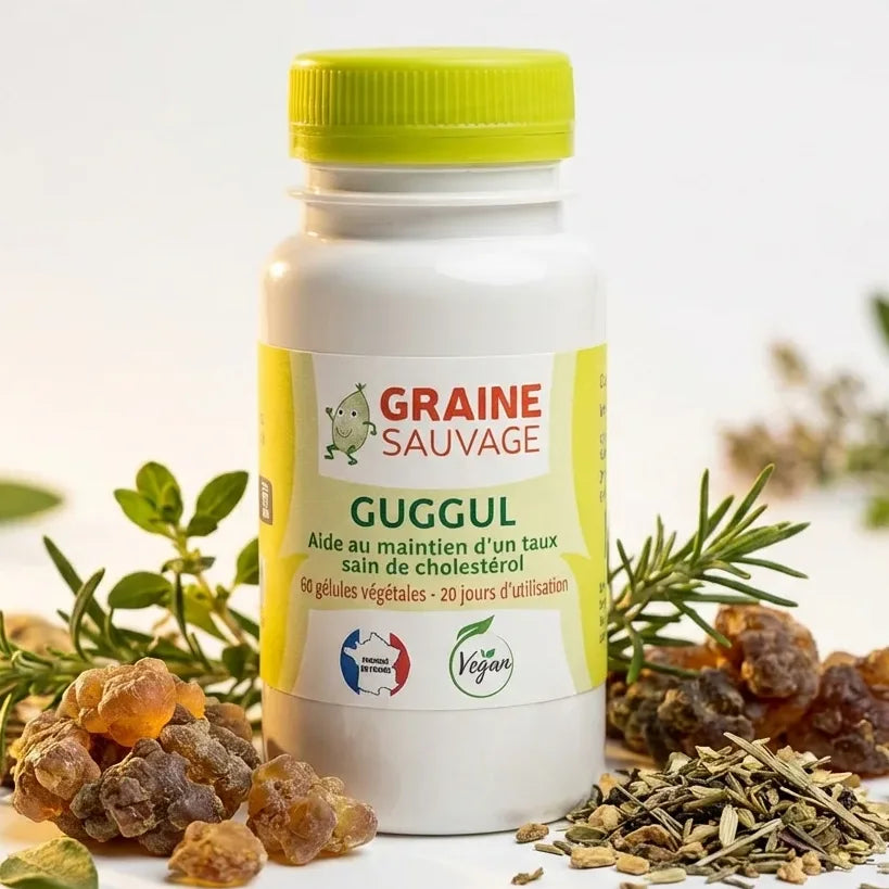 Extrait de Guggul vegan 60 gélules Graine Sauvage avec ingrédients naturels sur fond blanc