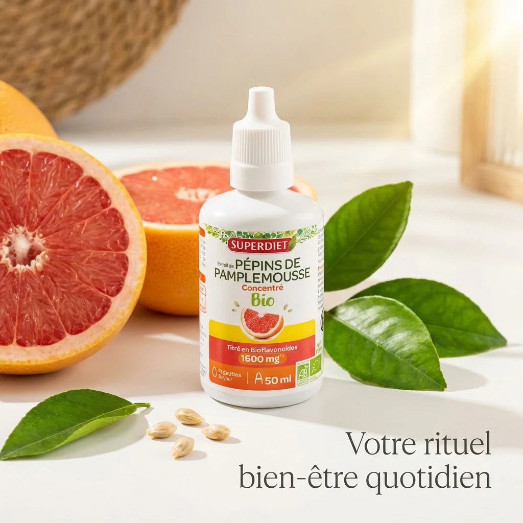 Extrait de Pépins de Pamplemousse Superdiet 50ml avec pamplemousse frais et feuilles vertes
