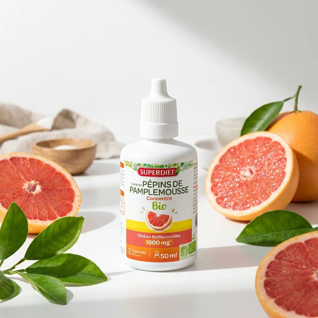 Extrait de pépins de pamplemousse Superdiet 50ml avec pipette sur fond blanc