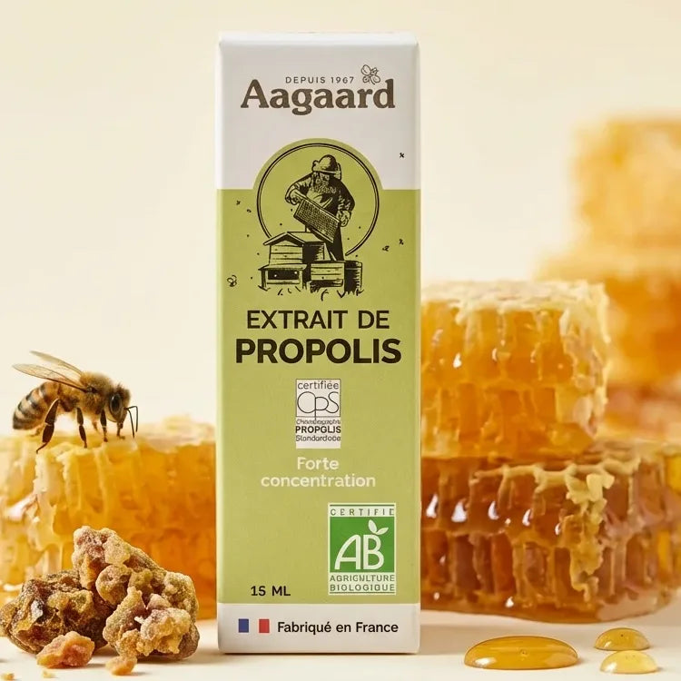 Extrait de propolis bio Aagaard 15mL avec ingrédients naturels et miel en bouteille