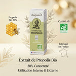 Extrait de propolis bio Aagaard 15mL certifié AB avec infographies ingrédients et illustrations botaniques