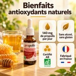 Extrait de propolis brune bio sans alcool Propolia : flacon compte-gouttes ambré, miel doré, badges 140 mg, certifié AB, fabriqué en France