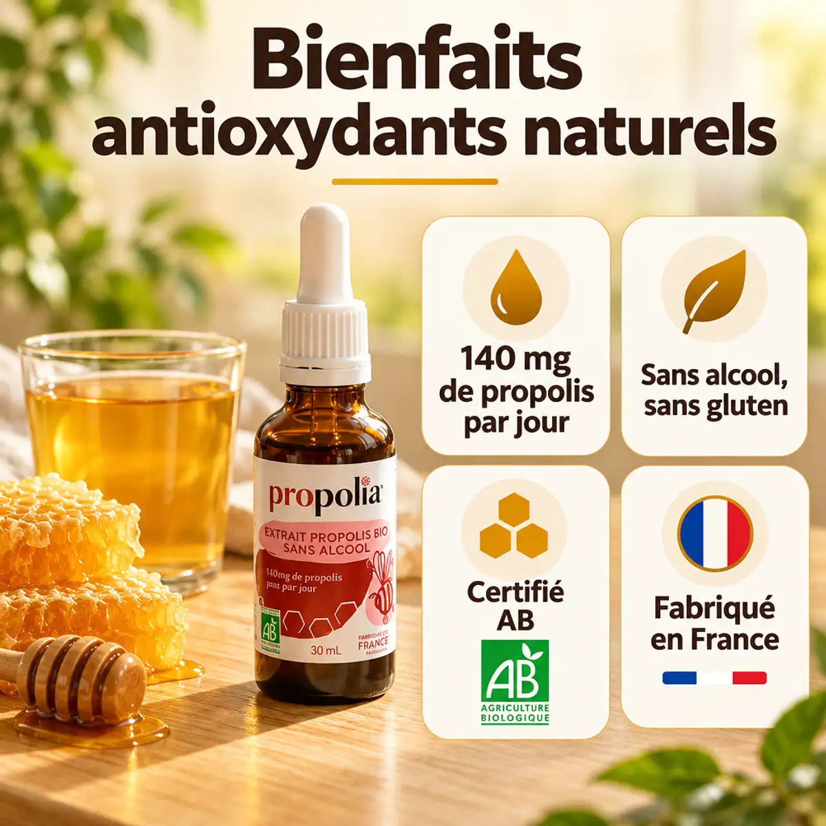 Extrait de propolis brune bio sans alcool Propolia : flacon compte-gouttes ambré, miel doré, badges 140 mg, certifié AB, fabriqué en France