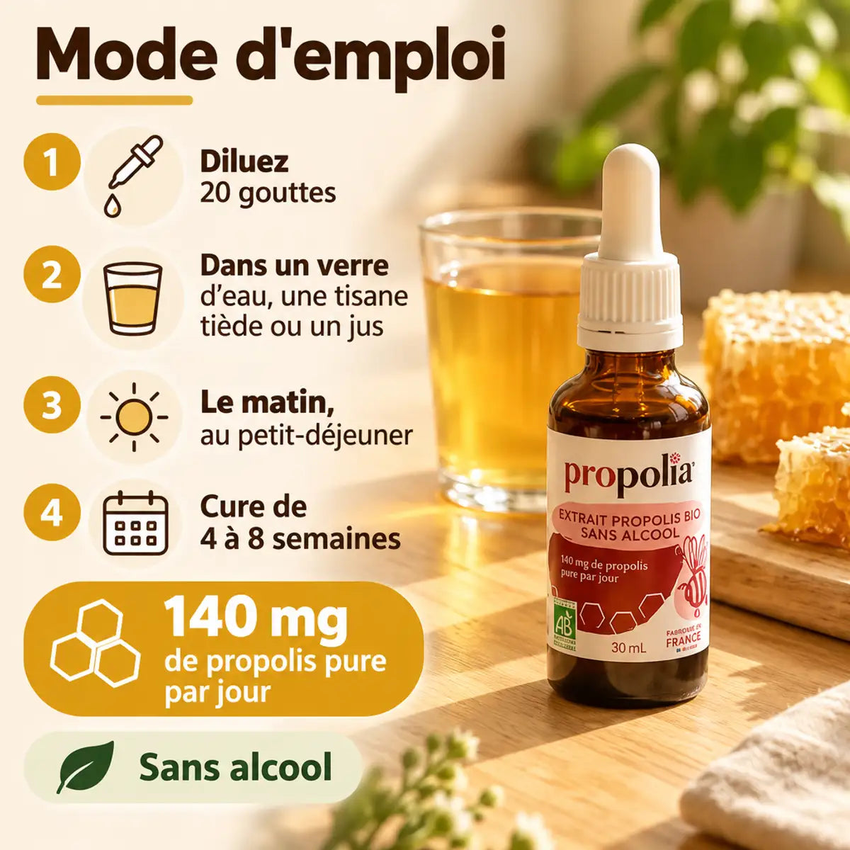 Flacon Propolia 30 ml d'extrait de propolis brune bio sans alcool, 140 mg par jour, mode d'emploi en 4 étapes
