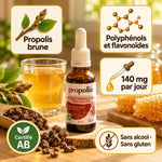 Extrait de propolis brune sans alcool bio Propolia, flacon compte-gouttes ambré avec étiquette rouge et crème, sur fond de bois clair
