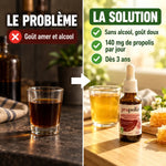 Infographie comparant une teinture alcoolisée amère et l'extrait de propolis brune sans alcool bio Propolia au goût doux