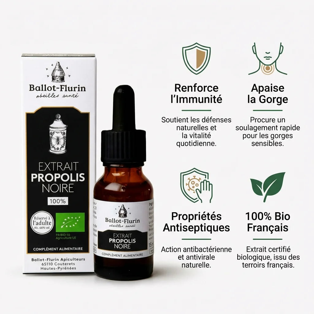 Extrait de Propolis Noire Bio Ballot-Flurin 15ml avec bénéfices immunité et gorge