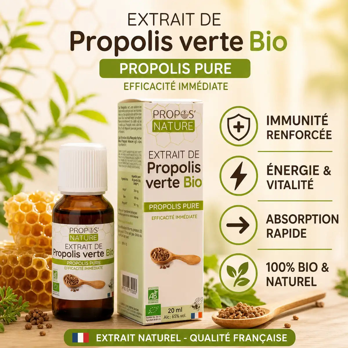 Extrait Propolis Verte Bio Propos'Nature 15ml avec bénéfices immunité et vitalité