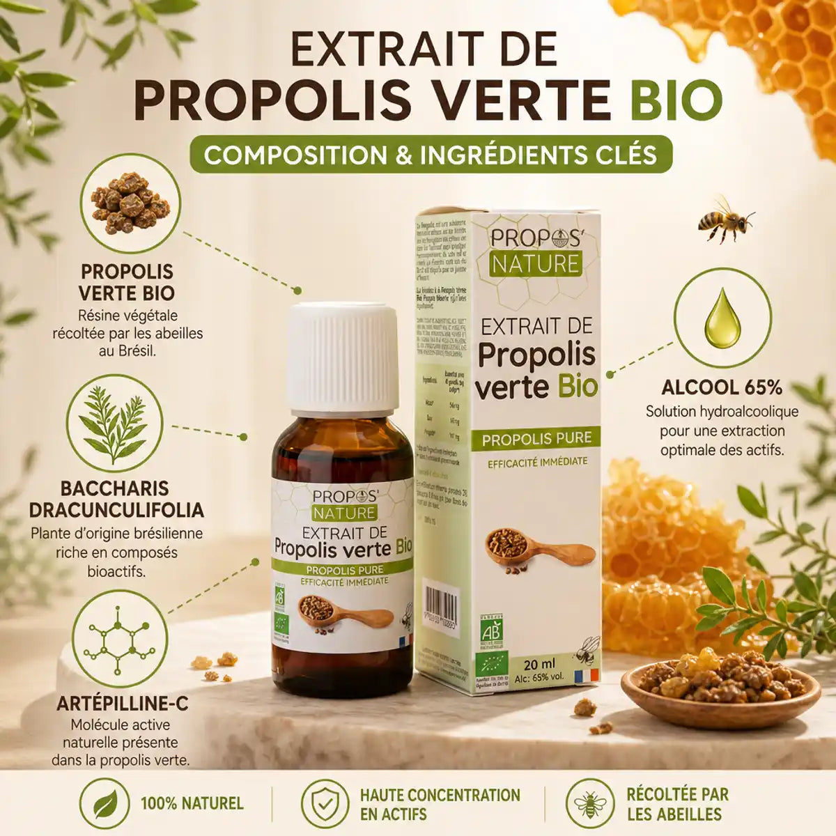 Extrait de Propolis Verte Bio 15ml Propos'Nature avec ingrédients et rayon de miel