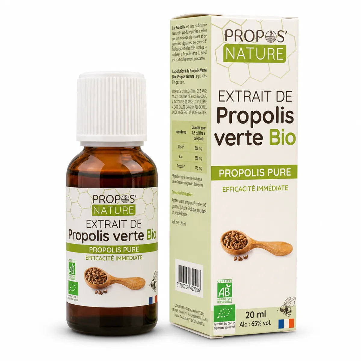 Extrait de Propolis Verte Bio 15ml Propos'Nature - Flacon compte-gouttes verre ambré avec emballage bio