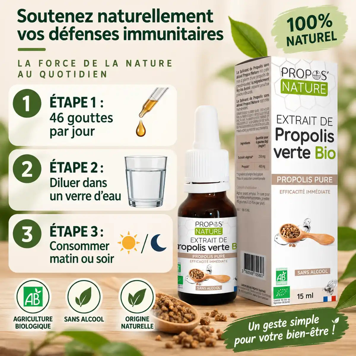 Extrait Propolis Verte Bio 15ml Propos'Nature - Guide utilisation 46 gouttes jour