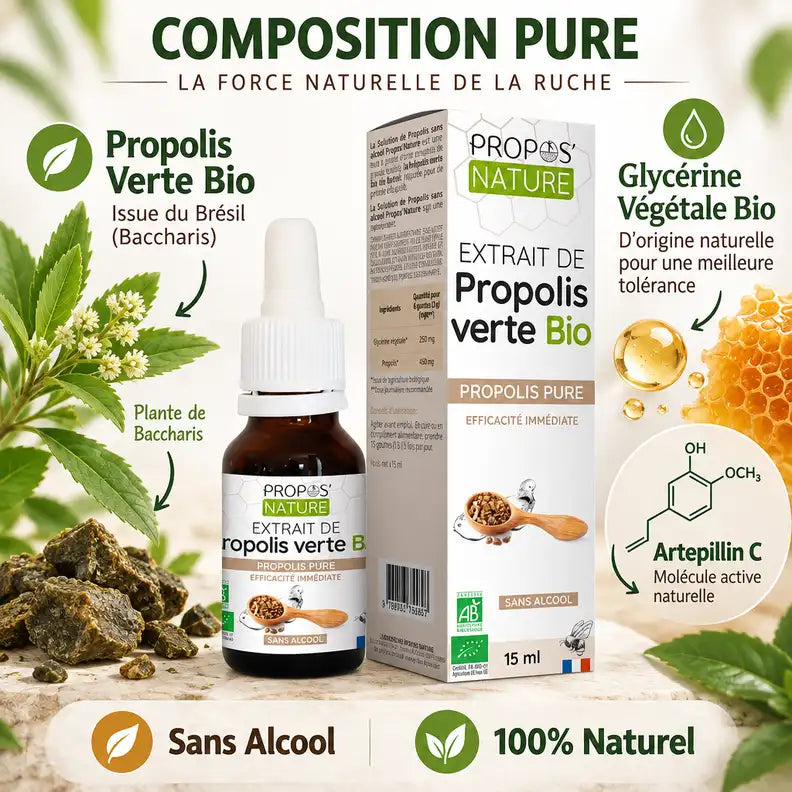 Extrait de Propolis Verte Bio sans alcool 15ml Propos'Nature avec ingrédients naturels et composition pure