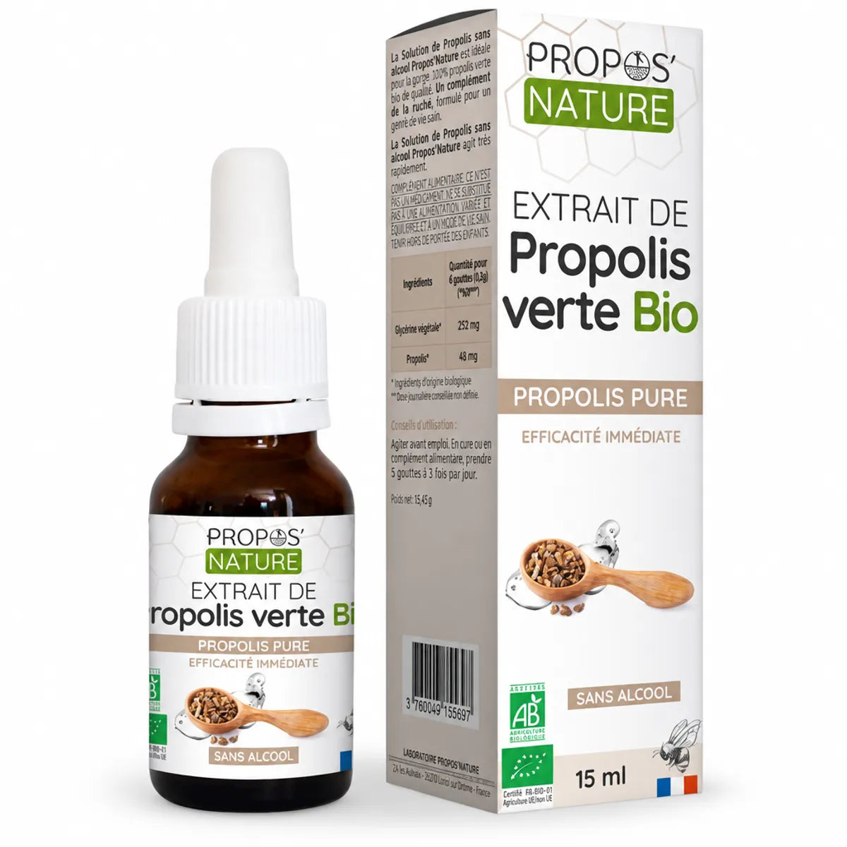 Extrait de Propolis Verte Bio Propos'Nature 15ml avec pipette, flacon et emballage