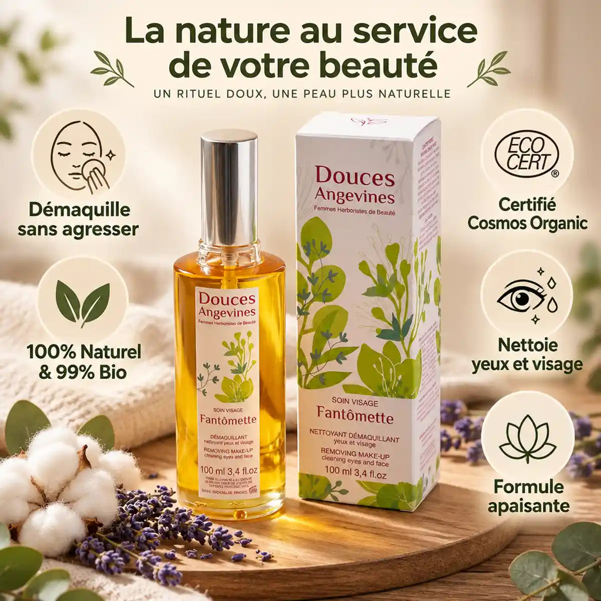 Fantômette Démaquillant Bio 100ml avec ses bénéfices : naturel, certifié Cosmos, apaise la peau