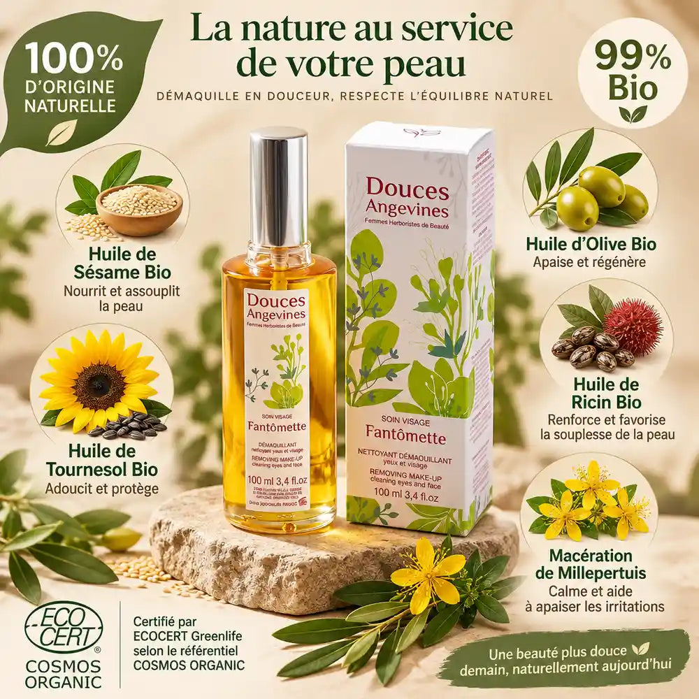 Fantômette Démaquillant Bio 100ml avec ingrédients naturels et certifications Cosmos Organic