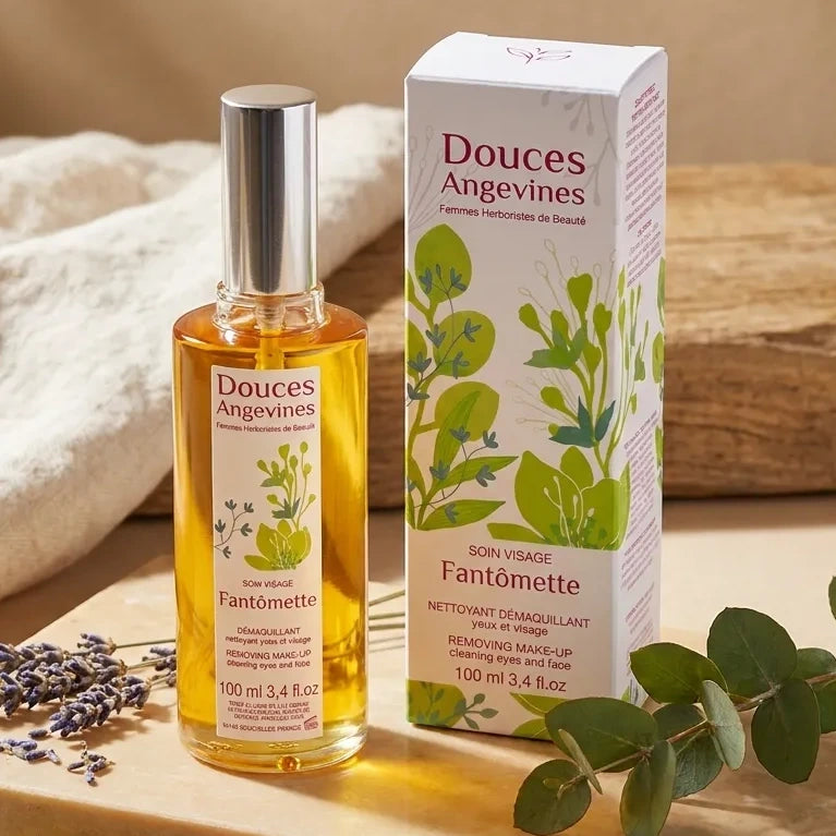 Fantômette Démaquillant Bio 100ml Douces Angevines en flacon ambré sur fond minimaliste wellness