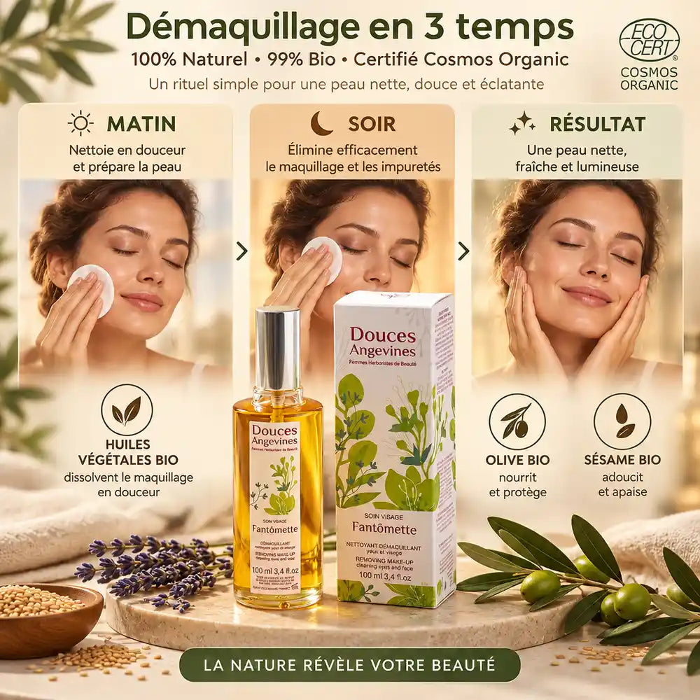 Fantômette Démaquillant Bio 100ml - Routine démaquillage matin, soir et résultat avec produit Douces Angevines