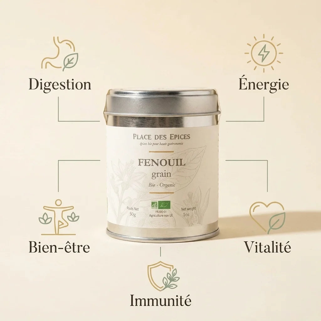 Fenouil grains bio 50g Place des épices avec infographie bénéfices digestion et bien-être