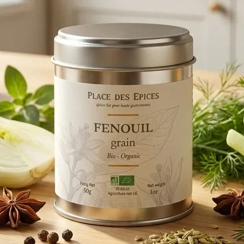 Fenouil Grains Bio 50g Place des épices avec bulbes frais et herbes aromatiques bio