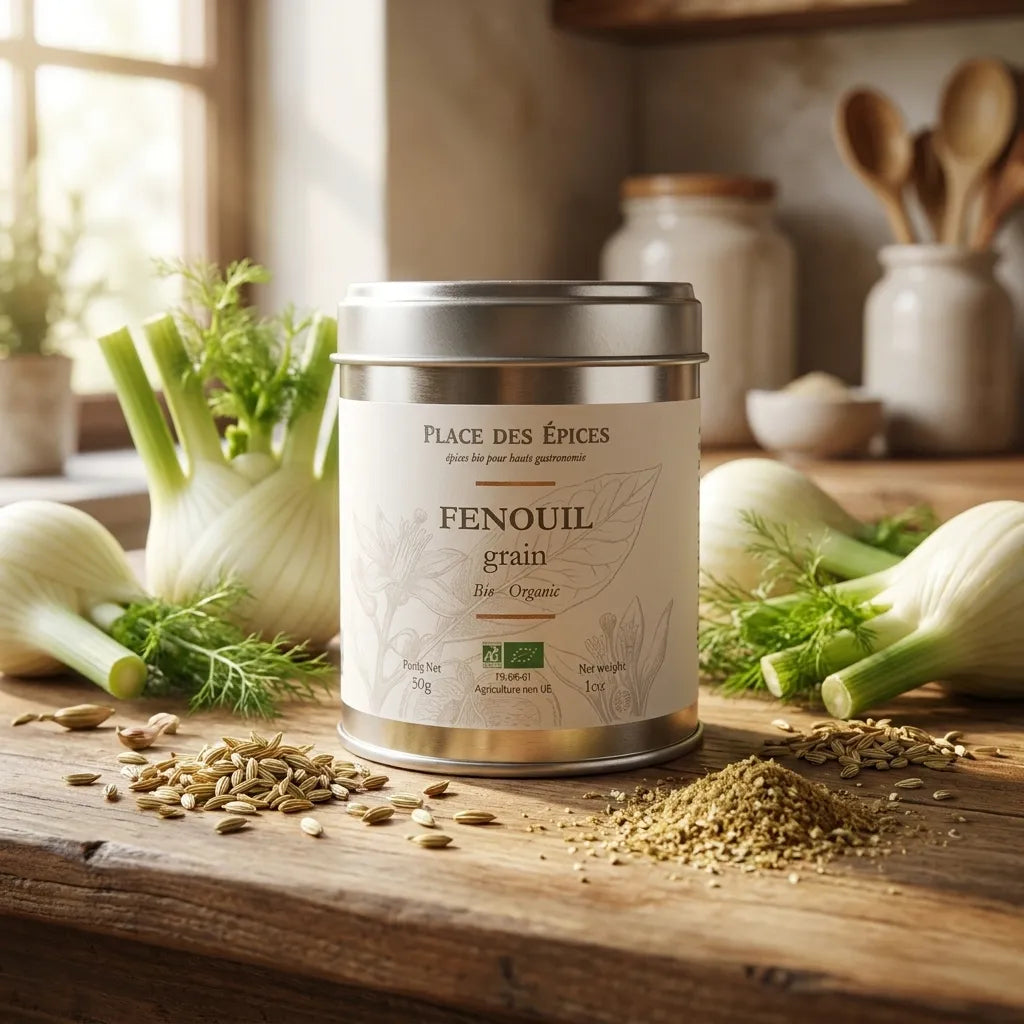 Fenouil Grains Bio 50g Place des épices sur plan de travail bois avec graines et bulbes frais