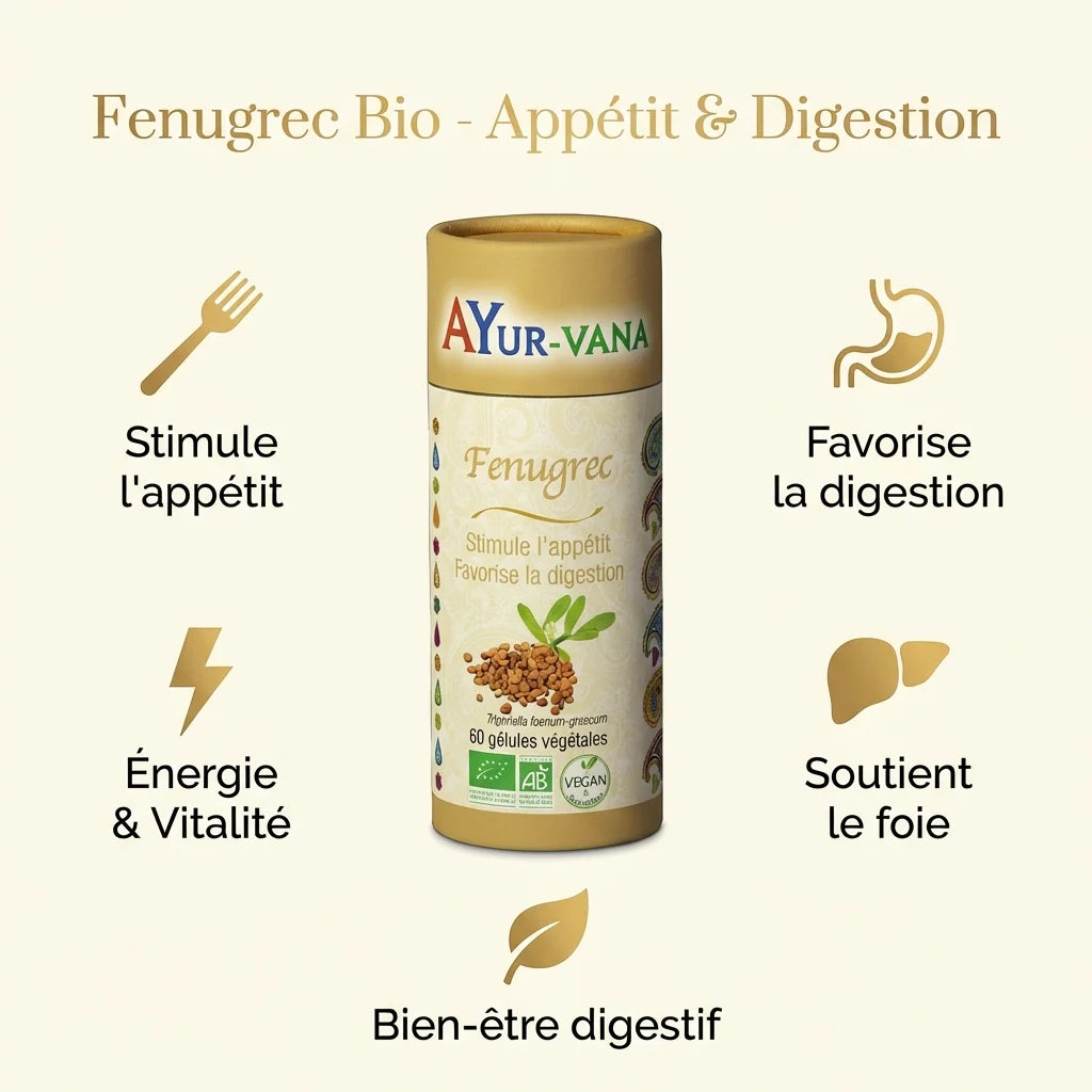Fenugrec Bio 60 gélules Ayur-Vana - appétit, digestion et vitalité avec certifications bio