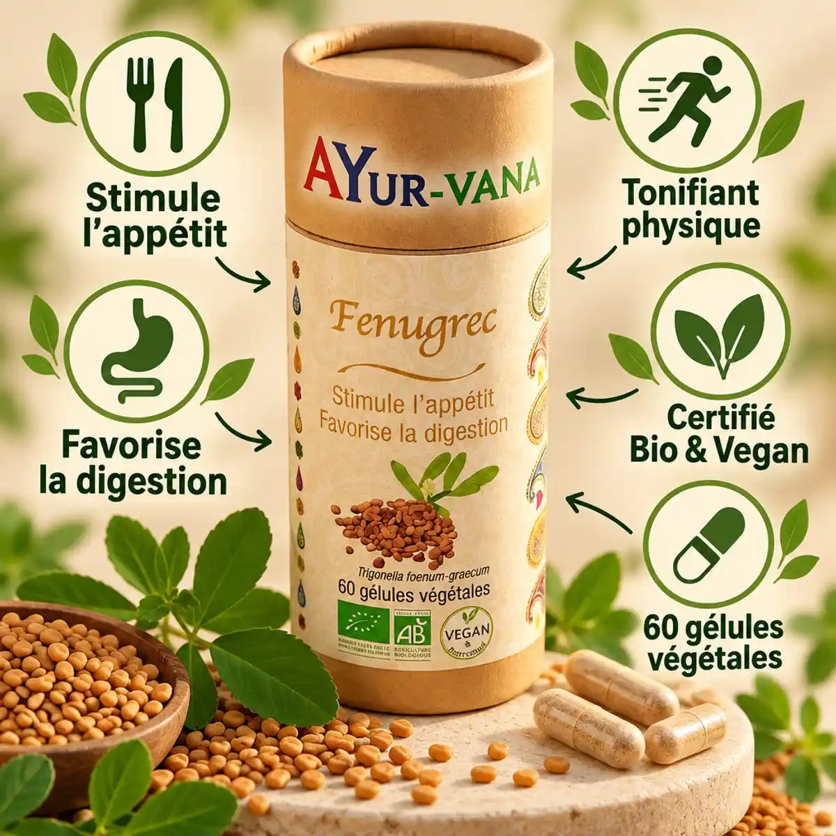 Fenugrec Bio 60 gélules Ayur-Vana : flacon bois avec graines, bénéfices appétit et digestion